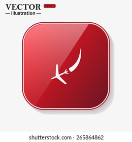 Red glossy button with rounded corners on a white background.  icon plane. The plane is landing , vector illustration, EPS 10