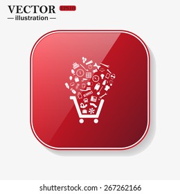 Red glossy button with rounded corners on a white background.  Set of icons. Put into shopping cart. Great buy. Cart of goods. Supermarket, web icon. vector design