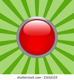 red glossy button with sunburst background - vector image