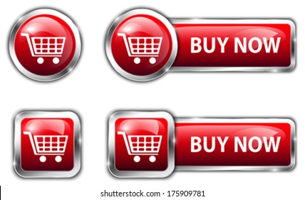 Red glossy buttons for internet shopping. Buy now. Vector illustration
