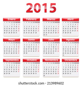 Red glossy calendar for 2015 year in Spanish language. Vector illustration