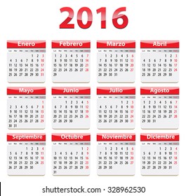 Red glossy calendar for 2016 year in Spanish language. Vector illustration