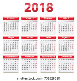 Red glossy calendar for 2018 year in Spanish language. Vector illustration