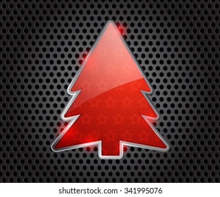 Red Glossy Christmas Tree with Star Pattern on Dark Gray Background Vector Illustration