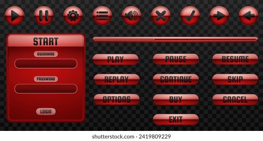 Red Glossy Game Menu Interface Buttons and Panels GUI Elements Set for Game UI Designs