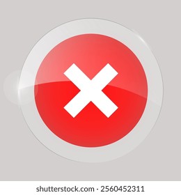 Red glossy glass button with white cross, vector illustration EPS10