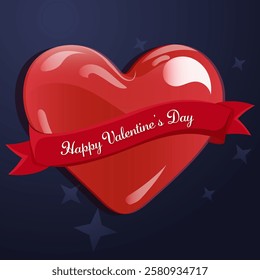 Red glossy heart with a "Happy Valentine's Day" banner and subtle star details on a dark background