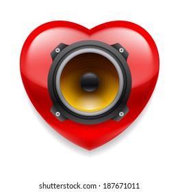 Red glossy heart with loudspeaker as favourite music icon