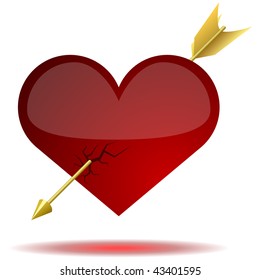 Red glossy heart pierced with arrow isolated on white background.