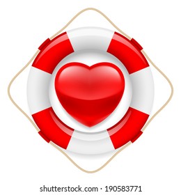 Red glossy heart in safety ring. Metaphor of love or life saving