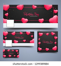 Red glossy heart shapes on black background for Valentine's Day header or banner set.