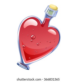 Red glossy heart-shape bottle of love potion. Elixir of love with bubbles in glass bottle with bung. Valentine's day mixture 