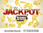 Red glossy jackpot text with crown, slot machine with lucky seven and falling golden coins background. Winner casino