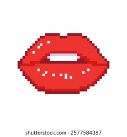 Red glossy lip in pixel style. Hand drawn vector illustration.