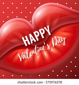 Red Glossy Lips. Creative Valentines Day Background with polka dots. Vector illustration for gift cards, flyers, posters, banners. Love and kiss symbol