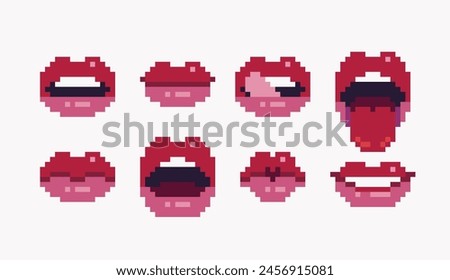 Red glossy red lips pixel art set. Women mouth expressions collection. 8 bit. Game development, mobile app. Isolated vector illustration. 