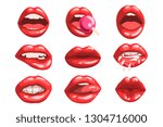 Red glossy lips set, girls mouth with red lipstick makeup expressing different emotions vector Illustrations on a white background