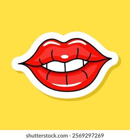 Red glossy lips sticker in retro style vector illustration on yellow. Lips and white teeth cartoon picture with white contour