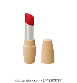 Red glossy lipstick in a beige oval case. Shiny lipstick for lips in elegant tube. Fashion, make-up, decorative cosmetics and facial care. Realistic vector illustration.