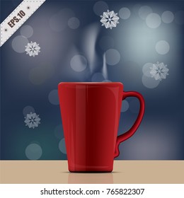 red glossy mug  in christmas theme on the blue bokeh background, illustration vector design