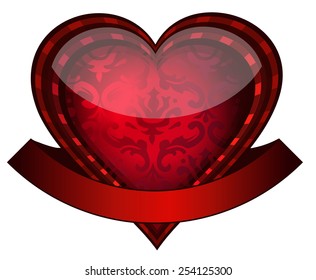 Red Glossy Ornament Heart with a Blank Ribbon Wrapped around, Vector Illustration isolated on White Background. 