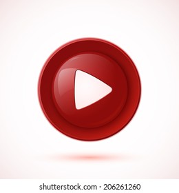 Red glossy play button icon. Vector illustration