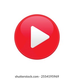 Red glossy play button on white background. Video or music player user interface. Vector illustration.