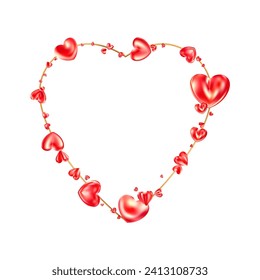 Red glossy realistic heart frame isolated on white background. 3d vector illustration. Luxury symbol of love. Red gold decorative design element for Valentines Day, wedding card, invitation.