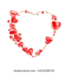 Red glossy realistic heart frame isolated on white background. 3d vector illustration. Luxury symbol of love. Red gold decorative design element for Valentines Day, wedding card, invitation.