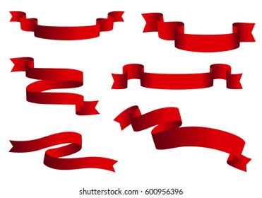 Red glossy ribbon vector banners set. Ribbons collection isolated on white background.