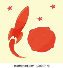 Red glossy rocket, flying between a planet with craters and stars, vector illustration