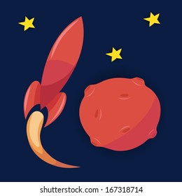 Red glossy rocket flying between the stars and planet