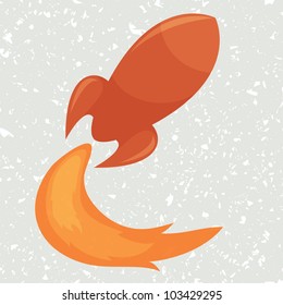Red glossy rocket, flying with fire on grunge background, vector illustration