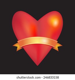 Red glossy shiny three-dimensional heart with gold ribbon on black background. Love, wedding marriage ceremony and Valentine's Day celebration concept. Vector