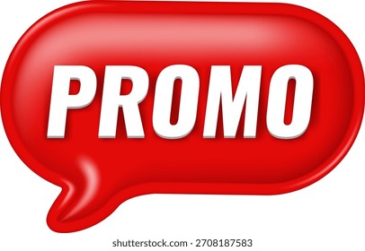 Burbuja de discurso brillante rojo con texto promocional blanco. Etiqueta de descuento y venta 3D aislada en blanco. Señal de marketing y publicidad