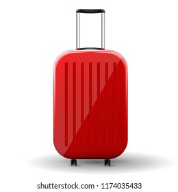 Red glossy suitcase with wheels on white background. Vector Illustration.
