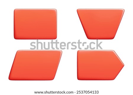 Red glossy text banner. 3d vector illustration set of bright rectangle and arrow message box. balloon notification frame and comment badge. Simple geometric shape quote border and textbox.