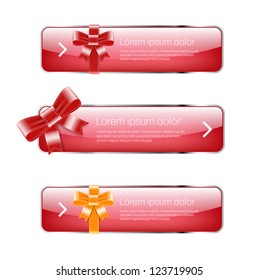 Red glossy vector buttons / banners with silky glossy ribbons and bows