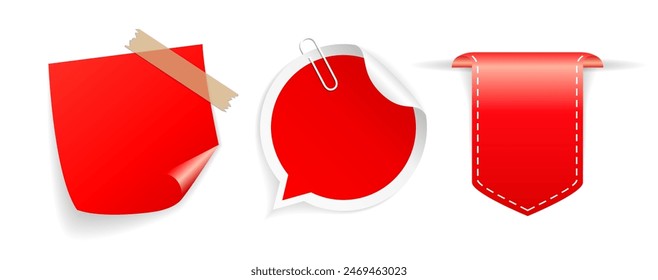 Red glossy vector sticker, sticky note papers set isolated on white background. Flat illustration of blank curled up labels, web design elements for business presentation of website.