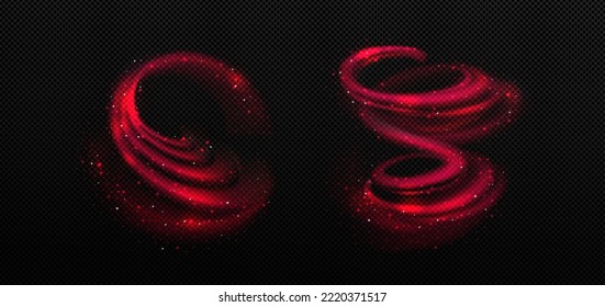 Red glow tornado, magic spiral, spinning circles motion effect, thunder energy waves, swirls with glitter, shimmer and sparks, isolated shiny round vortex traces, Realistic 3d vector illustration