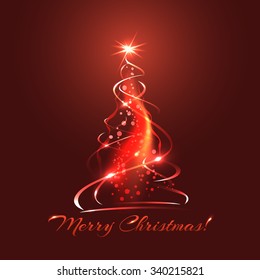 Red glow xmas tree, elegant abstract fir illustration, greeting card for congratulation to Christmas and New Year