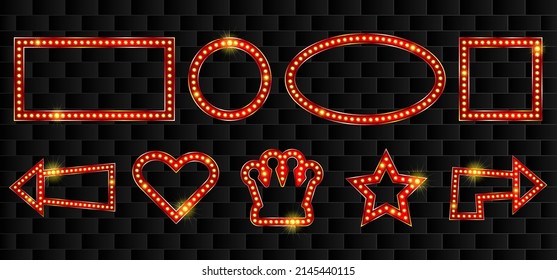 Marcos 3d rojos brillantes para anuncios en el teatro o en la banda ancha. Gráfico de películas de neon prormotion. Bombillas de neón brillantes en vector.