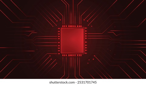 Red glowing chip abstract background with circuit light elements in Red on technology dark background