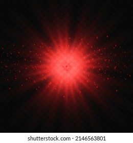 Red glowing circle of light burst, explosion on transparent background. Bright decoration with glare effect with ray sparkles. Transparent glitter gradient glitter texture.