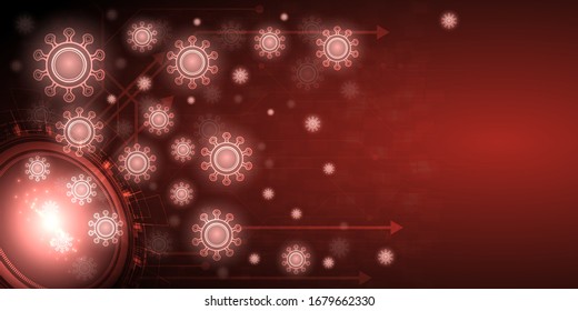 roter, leuchtender Koronavirus-Hintergrund. Abstrakte Technologie dunkelroter Hintergrund mit Pfeil- und Schaltungsmuster, funkelnder Effekt und High-Tech-Designkreis.