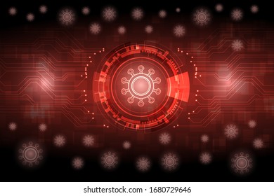 Red glowing coronavirus background. Abstract technology dark red background with arrow and circuit pattern, sparkle effect and hi-tech design circle.