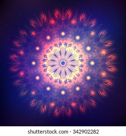 Red glowing cosmic mandala star on a blue background