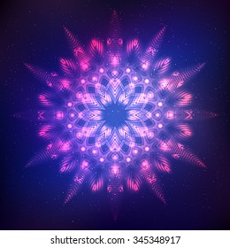 Red glowing cosmic mandala star on a blue background