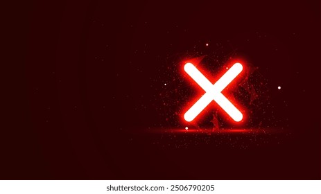 Red glowing cross sign with plexus lines and glitter particles. Wrong symbol in the neon light style. 3D abstract low poly copy space in the dark background