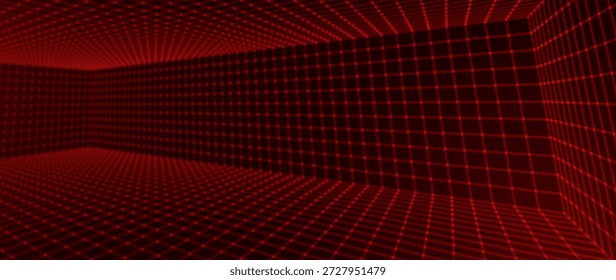 Fundo De Grade De Wireframe Cibernético Brilhante Vermelho Com Linhas Laser. Jogo De Perspectiva Futurista Retroativo Fundo Para Pôsteres, Banners, Papéis De Parede. Ilustração de vetor.